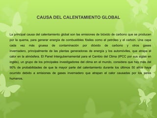 CAUSA DEL CALENTAMIENTO GLOBAL

La principal causa del calentamiento global son las emisiones de bióxido de carbono que se producen
por la quema, para generar energía de combustibles fósiles como el petróleo y el carbón. Una capa
cada

vez

más

gruesa

de

contaminación

por

dióxido

de

carbono

y

otros

gases

invernadero, principalmente de las plantas generadoras de energía y los automóviles, que atrapa el
calor en la atmósfera. El Panel Intergubernamental para el Cambio del Clima (IPCC por sus siglas en
inglés), un grupo de los principales investigadores del clima en el mundo, considera que hay más del
90% de probabilidades de que la mayor parte del calentamiento durante los últimos 50 años haya
ocurrido debido a emisiones de gases invernadero que atrapan el calor causadas por los seres
humanos.

 