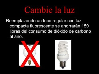 Cambie la luz
Reemplazando un foco regular con luz
compacta fluorescente se ahorrarán 150
libras del consumo de dióxido de carbono
al año.

 