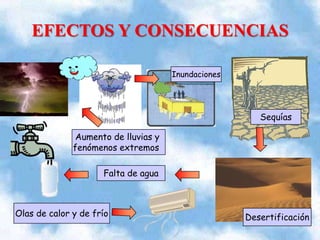 EFECTOS Y CONSECUENCIAS
Inundaciones

Sequías
Aumento de lluvias y
fenómenos extremos
Falta de agua

Olas de calor y de frío

Desertificación

 