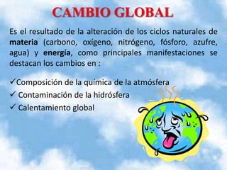 Es el resultado de la alteración de los ciclos naturales de
materia (carbono, oxígeno, nitrógeno, fósforo, azufre,
agua) y energía, como principales manifestaciones se
destacan los cambios en :
Composición de la química de la atmósfera
 Contaminación de la hidrósfera
 Calentamiento global

 