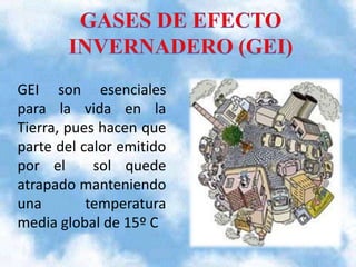 GEI son esenciales
para la vida en la
Tierra, pues hacen que
parte del calor emitido
por el
sol quede
atrapado manteniendo
una
temperatura
media global de 15º C

 