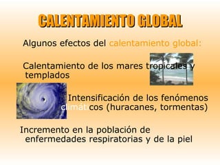 CALENTAMIENTO GLOBAL
Algunos efectos del calentamiento global:
Calentamiento de los mares tropicales y
templados
Intensificación de los fenómenos
climáticos (huracanes, tormentas)
Incremento en la población de
enfermedades respiratorias y de la piel

 