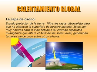 CALENTAMIENTO GLOBAL
La capa de ozono:
Escudo protector de la tierra. Filtra los rayos ultravioleta para
que no alcancen la superficie de nuestro planeta. Estos son
muy nocivos para la vida debido a su elevada capacidad
mutagénica que altera el ADN de los seres vivos, generando
tumores cancerosos entre otros efectos.

 