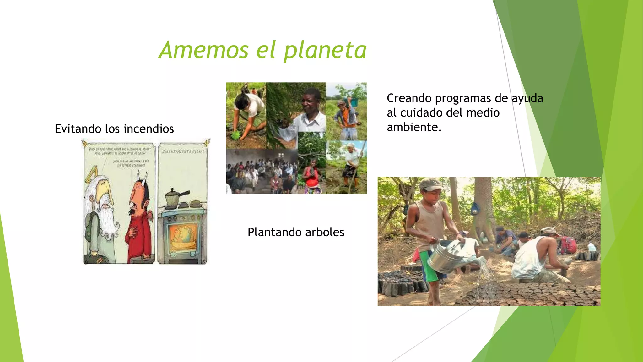 Amemos el planeta
Creando programas de ayuda
al cuidado del medio
ambiente.
Evitando los incendios
Plantando arboles