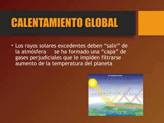 CALENTAMIENTO GLOBALCALENTAMIENTO GLOBAL
• Los rayos solares excedentes deben “salir” de
la atmósfera se ha formado una “capa” de
gases perjudiciales que le impiden filtrarse
aumento de la temperatura del planeta
 