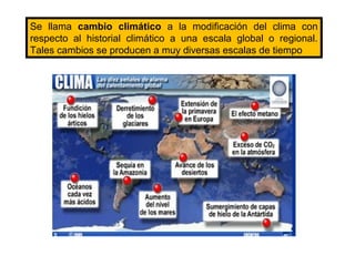 Se llama cambio climático a la modificación del clima con
respecto al historial climático a una escala global o regional.
Tales cambios se producen a muy diversas escalas de tiempo
 