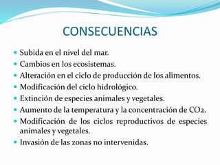 CONSECUENCIAS
 Subida en el nivel del mar.
 Cambios en los ecosistemas.
 Alteración en el ciclo de producción de los alimentos.
 Modificación del ciclo hidrológico.
 Extinción de especies animales y vegetales.
 Aumento de la temperatura y la concentración de CO2.
 Modificación de los ciclos reproductivos de especies
animales y vegetales.
 Invasión de las zonas no intervenidas.
 