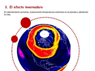 3. El efecto invernadero
El calentamiento aumenta, ocasionando temperaturas extremas en el planeta y afectando
la vida.
 