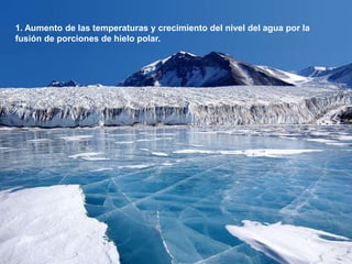 1. Aumento de las temperaturas y crecimiento del nivel del agua por la
fusión de porciones de hielo polar.
 