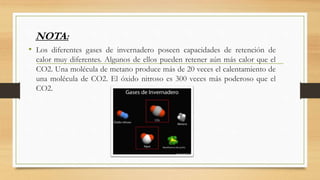 • Los diferentes gases de invernadero poseen capacidades de retención de
calor muy diferentes. Algunos de ellos pueden retener aún más calor que el
CO2. Una molécula de metano produce más de 20 veces el calentamiento de
una molécula de CO2. El óxido nitroso es 300 veces más poderoso que el
CO2.
NOTA:
 