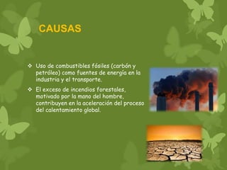 CAUSAS
 Uso de combustibles fósiles (carbón y
petróleo) como fuentes de energía en la
industria y el transporte.
 El exceso de incendios forestales,
motivado por la mano del hombre,
contribuyen en la aceleración del proceso
del calentamiento global.
 