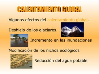 CALENTAMIENTO GLOBALCALENTAMIENTO GLOBAL
Algunos efectos del calentamiento global.
Deshielo de los glaciares
Incremento en las inundaciones
Modificación de los nichos ecológicos
Reducción del agua potable
 