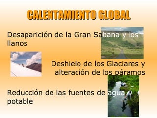 CALENTAMIENTO GLOBALCALENTAMIENTO GLOBAL
Desaparición de la Gran Sabana y los
llanos
Deshielo de los Glaciares y
alteración de los páramos
Reducción de las fuentes de agua
potable
 