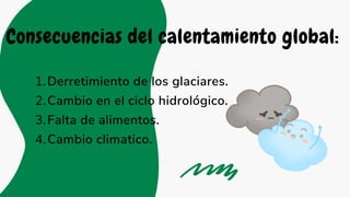 Derretimiento de los glaciares.
Cambio en el ciclo hidrológico.
Falta de alimentos.
Cambio climatico.
1.
2.
3.
4.
Consecuencias del calentamiento global:
 