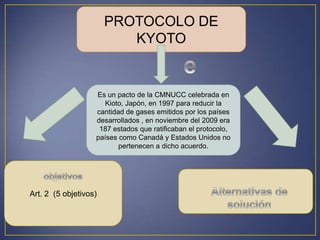 PROTOCOLO DE
KYOTO
Es un pacto de la CMNUCC celebrada en
Kioto, Japón, en 1997 para reducir la
cantidad de gases emitidos por los países
desarrollados , en noviembre del 2009 era
187 estados que ratificaban el protocolo,
países como Canadá y Estados Unidos no
pertenecen a dicho acuerdo.
Art. 2 (5 objetivos)
 