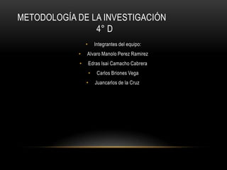 Metodología de la investigación                                  4° D Integrantes del equipo:Alvaro Manolo Perez RamirezEdras Isai Camacho CabreraCarlos Briones VegaJuancarlos de la Cruz 