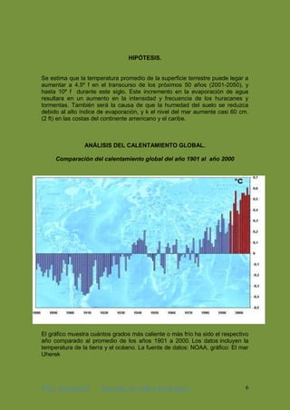 ING. Industrial Antonhy Zevallos Rodriguez 6
HIPÓTESIS.
Se estima que la temperatura promedio de la superficie terrestre puede legar a
aumentar a 4.5º f en el transcurso de los próximos 50 años (2001-2050), y
hasta 10º f durante este siglo. Este incremento en la evaporación de agua
resultara en un aumento en la intensidad y frecuencia de los huracanes y
tormentas. También será la causa de que la humedad del suelo se reduzca
debido al alto índice de evaporación, y k el nivel del mar aumente casi 60 cm.
(2 ft) en las costas del continente americano y el caribe.
ANÁLISIS DEL CALENTAMIENTO GLOBAL.
Comparación del calentamiento global del año 1901 al año 2000
El gráfico muestra cuántos grados más caliente o más frío ha sido el respectivo
año comparado al promedio de los años 1901 a 2000. Los datos incluyen la
temperatura de la tierra y el océano. La fuente de datos: NOAA, gráfico: El mar
Uherek
 