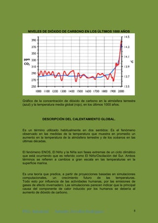 ING. Industrial Antonhy Zevallos Rodriguez 8
NIVELES DE DIÓXIDO DE CARBONO EN LOS ÚLTIMOS 1000 AÑOS
Gráfico de la concentración de dióxido de carbono en la atmósfera terrestre
(azul) y la temperatura media global (rojo), en los últimos 1000 años.
DESCRIPCIÓN DEL CALENTAMIENTO GLOBAL.
Es un término utilizado habitualmente en dos sentidos: Es el fenómeno
observado en las medidas de la temperatura que muestra en promedio un
aumento en la temperatura de la atmósfera terrestre y de los océanos en las
últimas décadas.
El fenómeno ENOS, El Niño y la Niña son fases extremas de un ciclo climático
que está ocurriendo que es referido como El Niño/Oscilación del Sur. Ambos
términos se refieren a cambios a gran escala en las temperaturas en la
superficie marina.
Es una teoría que predice, a partir de proyecciones basadas en simulaciones
computacionales, un crecimiento futuro de las temperaturas.
Todo esto por influencia de las actividades humanas, por las emisiones de
gases de efecto invernadero. Las simulaciones parecen indicar que la principal
causa del componente de calor inducido por los humanos se debería al
aumento de dióxido de carbono.
 