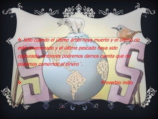  Sólo cuando el último árbol haya muerto y el último río
esté envenenado y el último pescado haya sido
capturado, entonces podremos darnos cuenta que no
podemos comernos el dinero¨.


                                      Proverbio indio
 
