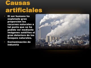 Causas
artificiales
• El ser humano ha
explotado gran
proporción los
recursos naturales a
tal punto que se ha
podido ver mediante
imágenes satélites el
gran deterioro de los
bosques naturales.
• Contaminación de
industria