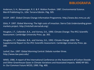 BIBLIOGRAFIA Anderson, S. H.; Beiswenger, R. E. & P. Walton Purdom. 1987. Environmental Science. Merrill Publishing Co., USA. Tercera Edición. Pág. 505.  GCCIP. 1997. Global Climate Change Information Programme. http://www.doc.mmu.ac.uk/  Glick, P. 1997. Global Warming: The high costs of innaction. Sierra Club Understanding green markets project. http://mitchell.sierraclub.org/.  Hougton, J.T., Callander, B.A., and Varney, S.K., 1990. Climate Change: The IPCC Scientific Assessment. Cambridge University Press. pp. 365.  Hougton, J.T., Callander, B.A., and Varney, S.K., 1992. Climate Change 1992: The Supplemental Report to the IPCC Scientific Assessment. Cambridge University Press. pp. 200.  Lashof, Dan. 1997. Global Warming Central: Debate number three. http://www.law.pace.edu/  WMO, 1986. A report of the International Conference on the Assessment of Carbon Dioxide and Other Greenhouse Gases in Climate Variations and Associated Impacts. WMO Nº 661. In: Our Common Future WCED, 1990. Pág. 400.  