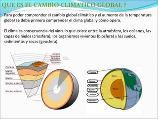 QUE ES EL CAMBIO CLIMATICO GLOBAL ?
Para poder comprender el cambio global climático y el aumento de la temperatura
global se debe primero comprender el clima global y cómo opera.

El clima es consecuencia del vínculo que existe entre la atmósfera, los océanos, las
capas de hielos (criosfera), los organismos vivientes (biosfera) y los suelos,
sedimentos y rocas (geosfera).
 