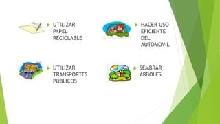  UTILIZAR
PAPEL
RECICLABLE
 UTILIZAR
TRANSPORTES
PUBLICOS
 HACER USO
EFICIENTE
DEL
AUTOMOVIL
 SEMBRAR
ARBOLES
 