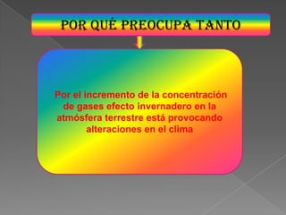 Por qué preocupa tanto Por el incremento de la concentración de gases efecto invernadero en la atmósfera terrestre está provocando alteraciones en el clima