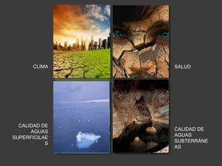 CLIMA SALUD 
CALIDAD DE 
AGUAS 
SUPERFICILAE 
S 
CALIDAD DE 
AGUAS 
SUBTERRÁNE 
AS 
A pesar de que 
incrementará la magnitud 
y 
frecuencia de eventos de 
lluvia, el nivel de agua en 
los lagos y ríos disminuirá 
debido a la evaporación 
adicional causada por el 
aumento en la 
temperatura, provocando 
abundantes lluvias y por lo 
tanto inundaciones 
Como 
consecuencia del aumento 
en temperatura, el nivel 
freático 
bajará debido a la 
evaporación, disminuyendo 
así la cantidad 
de agua. 
El nivel del mar aumentaría 
y se mezclaría con el 
acuífero haciendo que el 
agua no sea apta para su 
consumo. 
Aumento en la temperatura 
promedio de la superficie de la 
Tierra. A causa de la fusión de 
porciones del hielo polar, el 
nivel del mar sufrió un alza de 
4-8 pulgadas durante el 
pasado siglo, y se estima que 
habrá de continuar 
aumentando. La magnitud y 
frecuencia de las lluvias 
también ha aumentado debido 
a un incremento en la 
evaporación de los cuerpos de 
agua superficiales ocasionado 
por el aumento en temperatura 
Aumento en las 
enfermedades 
respiratorias y 
cardiovasculares, las 
enfermedades 
infecciosas causadas 
por 
mosquitos y plagas 
tropicales, y en la 
postración y 
deshidratación 
debida al calor. 
 