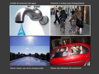 Limitar el consumo del agua 
Hacer mayor uso de la energía solar 
Caminar o ciclear para transportarse 
Hacer uso eficiente del automóvil 
 