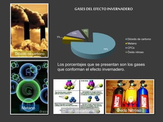 GASES DEL EFECTO INVERNADERO 
Los porcentajes que se presentan son los gases 
que conforman el efecto invernadero. 
Dióxido de carbono 
Metano 
76% 
5% 
13% 
6% 
Dióxido de carbono 
Metano 
CFCs 
Óxido nitroso 
Clorofluorocarburos Óxido Nitroso 
 