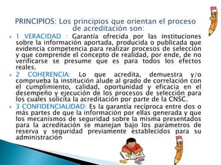 PRINCIPIOS: Los principios que orientan el proceso
de acreditación son:
 1 VERACIDAD : Garantía ofrecida por las instituciones
sobre la información aportada, producida o publicada que
evidencia competencia para realizar procesos de selección
y que comprende el concepto de realidad, por ende, de no
verificarse se presume que es para todos los efectos
reales.
 2 COHERENCIA: Lo que acredita, demuestra y/o
comprueba la institución alude al grado de correlación con
el cumplimiento, calidad, oportunidad y eficacia en el
desempeño y ejecución de los procesos de selección para
los cuales solicita la acreditación por parte de la CNSC.
 3 CONFIDENCIALIDAD: Es la garantía recíproca entre dos o
más partes de que la información por ellas generada y que
los mecanismos de seguridad sobre la misma presentados
para la acreditación se manejan bajo los parámetros de
reserva y seguridad previamente establecidos para su
administración
 
