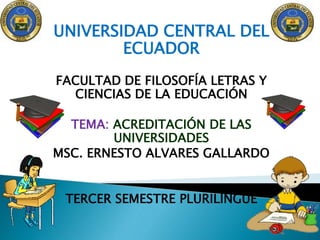 UNIVERSIDAD CENTRAL DEL
ECUADOR
FACULTAD DE FILOSOFÍA LETRAS Y
CIENCIAS DE LA EDUCACIÓN
TEMA: ACREDITACIÓN DE LAS
UNIVERSIDADES
MSC. ERNESTO ALVARES GALLARDO
TERCER SEMESTRE PLURILINGÜE
 