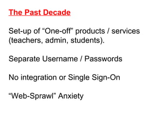The Past Decade Set-up of “One-off” products / services (teachers, admin, students).  Separate Username / Passwords No integration or Single Sign-On “ Web-Sprawl” Anxiety 