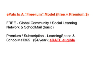 ePals Is A “Free-ium” Model (Free + Premium $)   FREE - Global Community / Social Learning Network & SchoolMail (basic) Premium / Subscription - LearningSpace & SchoolMail365  ($4/year);  eRATE eligible 