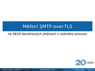 Měření SMTP-over-TLS
na 4618 doménových jménech z reálného provozu
Ondřej Caletka (CESNET, z. s. p. o.) Bezpečnější e-mail...