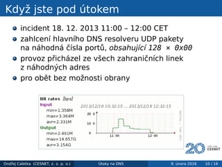 Když jste pod útokem
incident 18. 12. 2013 11:00 – 12:00 CET
zahlcení hlavního DNS resolveru UDP pakety
na náhodná čísla portů, obsahující 128 × 0x00
provoz přicházel ze všech zahraničních linek
z náhodných adres
pro obět bez možnosti obrany
Ondřej Caletka (CESNET, z. s. p. o.) Útoky na DNS 9. února 2016 10 / 16
 