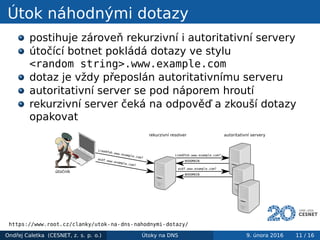 Útok náhodnými dotazy
postihuje zároveň rekurzivní i autoritativní servery
útočící botnet pokládá dotazy ve stylu
<random string>.www.example.com
dotaz je vždy přeposlán autoritativnímu serveru
autoritativní server se pod náporem hroutí
rekurzivní server čeká na odpověď a zkouší dotazy
opakovat
iree0foh.www.example.com?
iree0foh.www.example.com?
NXDOMAIN
asdf.www.example.com?
asdf.www.example.com?
NXDOMAIN
útočník
rekurzivní resolver autoritativní servery
https://www.root.cz/clanky/utok-na-dns-nahodnymi-dotazy/
Ondřej Caletka (CESNET, z. s. p. o.) Útoky na DNS 9. února 2016 11 / 16
 
