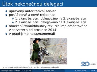 Útok nekonečnou delegací
upravený autoritativní server
posílá nové a nové reference
1.example.com. delegováno na 2.example.com.
2.example.com. delegováno na 3.example.com.
omezení trvání/hloubky rekurze implementováno
v serverech od prosince 2014
v praxi jsme nezaznamemali
https://www.root.cz/clanky/utok-na-dns-nekonecnou-rekurzi/
Ondřej Caletka (CESNET, z. s. p. o.) Útoky na DNS 9. února 2016 15 / 16
 