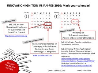 INNOVATION IGNITION IN JAN-FEB 2010: Mark your calendar!




     SPICON 2010 on
 ‘Operational Excellence
   for Sustenance and
   Growth’ at Chennai                                                    Workshop on
http://www.spinchennai.org                                          ‘Software Innovation –
                                                              Patents and processes’ at Bangalore
                                                             Feb 18: Software Patents: Implications,
                             International Conference on     Strategy and Valuation
                              ‘Leveraging IP for Software,
                                  Electronics and Green      Feb 19: Making IT Flow: Applying Lean
                                Technology’ at Bangalore     Inventive Systems Thinking to Software
                                                             Product Development and Knowledge Work
                              www.iprconference.com
                                                             Register at
                                                             http://events.linkedin.com/Software-
                                                             Innovation-Patents-Processes/pub/202410
                                                             Download complete brochure at
                                                             http://tinyurl.com/crafitti-sipp-feb2010

                                               CRAFITTI CONSULTING               www.crafitti.com
 