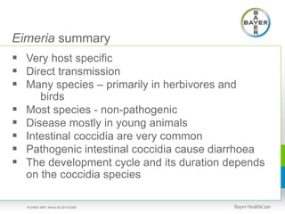 Eimeria summary
 Very host specific
 Direct transmission
 Many species – primarily in herbivores and
birds
 Most species - non-pathogenic
 Disease mostly in young animals
 Intestinal coccidia are very common
 Pathogenic intestinal coccidia cause diarrhoea
 The development cycle and its duration depends
on the coccidia species
R.EMEA.MKT.Africa.08.2015.0250
 