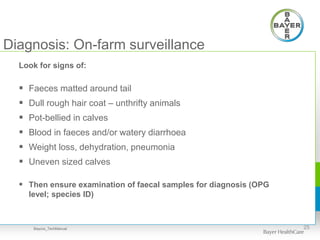 Diagnosis: On-farm surveillance
Look for signs of:
 Faeces matted around tail
 Dull rough hair coat – unthrifty animals
 Pot-bellied in calves
 Blood in faeces and/or watery diarrhoea
 Weight loss, dehydration, pneumonia
 Uneven sized calves
 Then ensure examination of faecal samples for diagnosis (OPG
level; species ID)
25Baycox_TechManual
 