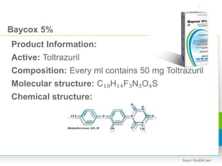Baycox 5%
Product Information:
Active: Toltrazuril
Composition: Every ml contains 50 mg Toltrazuril
Molecular structure: C₁₈H₁₄F₃N₃O₄S
Chemical structure:
 