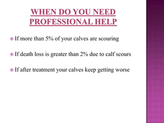  If   more than 5% of your calves are scouring

 If   death loss is greater than 2% due to calf scours

 If   after treatment your calves keep getting worse
 