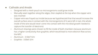 ● Cathode and Anode
○ Designed with a mesh pouch so microorganisms could grow inside
○ Manually sewn together along the edges, then stapled at the top when the copper wire
was inserted
○ Copper wire was frayed out inside because we hypothesized that that would increase the
overall surface area in contact with the microorganisms (if it were left in tact, the whole
inside of the wire would never come into contact with the microbial growth needed to
capture the transfer of electrons)
○ Aluminum shavings were chosen to fill the inside of both chambers because aluminum
has a higher conductivity than graphite, which would lead to more electron flow across
the MFC.
○ Aluminum - 3.50e7 S/m
○ Graphite - 3.00e5 S/m
 