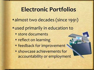 Self-Regulated LearningAbrami, P., et. al. (2008), Encouraging self-regulated learning through electronic portfolios. Canadian Journal of Learning and Technology, V34(3) Fall  2008. http://www.cjlt.ca/index.php/cjlt/article/viewArticle/507/238 GoalsCaptions/JournalsChange over Time