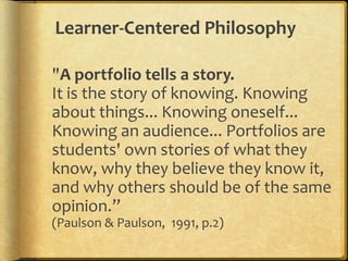 Electronic Portfolios almost two decades (since 1991)used primarily in education to store documents reflect on learningfeedback for improvement showcase achievements for accountability or employment57