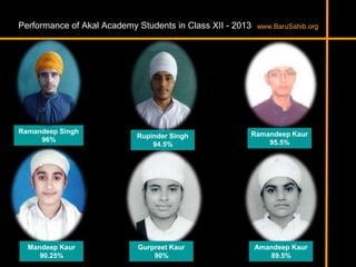 Performance of Akal Academy Students in Class XII - 2013
Ramandeep Singh
96%
Rupinder Singh
94.5%
Gurpreet Kaur
90%
Amandeep Kaur
89.5%
Mandeep Kaur
90.25%
Ramandeep Kaur
95.5%
www.BaruSahib.org
 