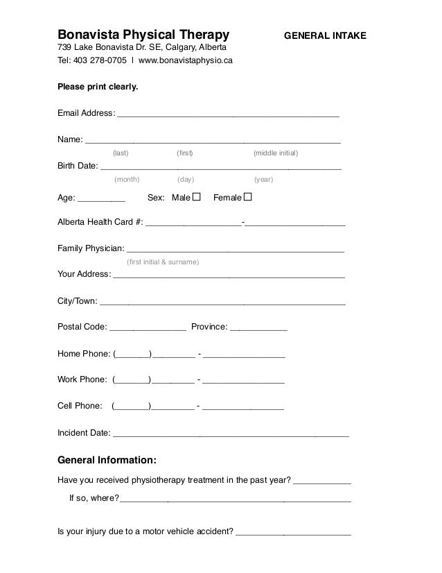 calgary physiotherapy general intake form intake assessment form