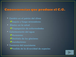  Cambio en el patrón del clima
    Sequía y fuego arrasadores
 Efectos en la salud
    Propagación de enfermedades
 Calentamiento del agua
    Huracanes
    Deshielo de los glaciares
    Inundaciones
 Trastorno del ecosistema
    Perdida de la diversidad de especies
 
